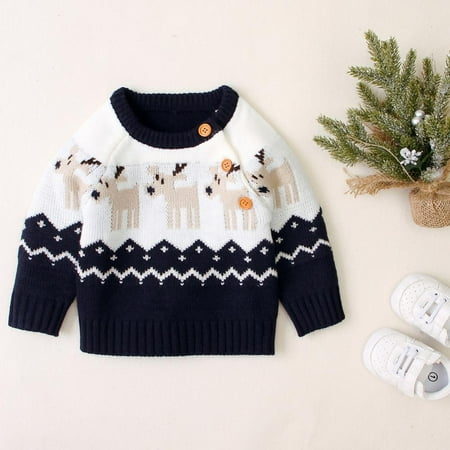 

SYNPOS Christmas Toddler Baby Girl Boy Sweater Round Neck Cotton Pullover Sweatshirt Tops with Elk Print 0-4 Years