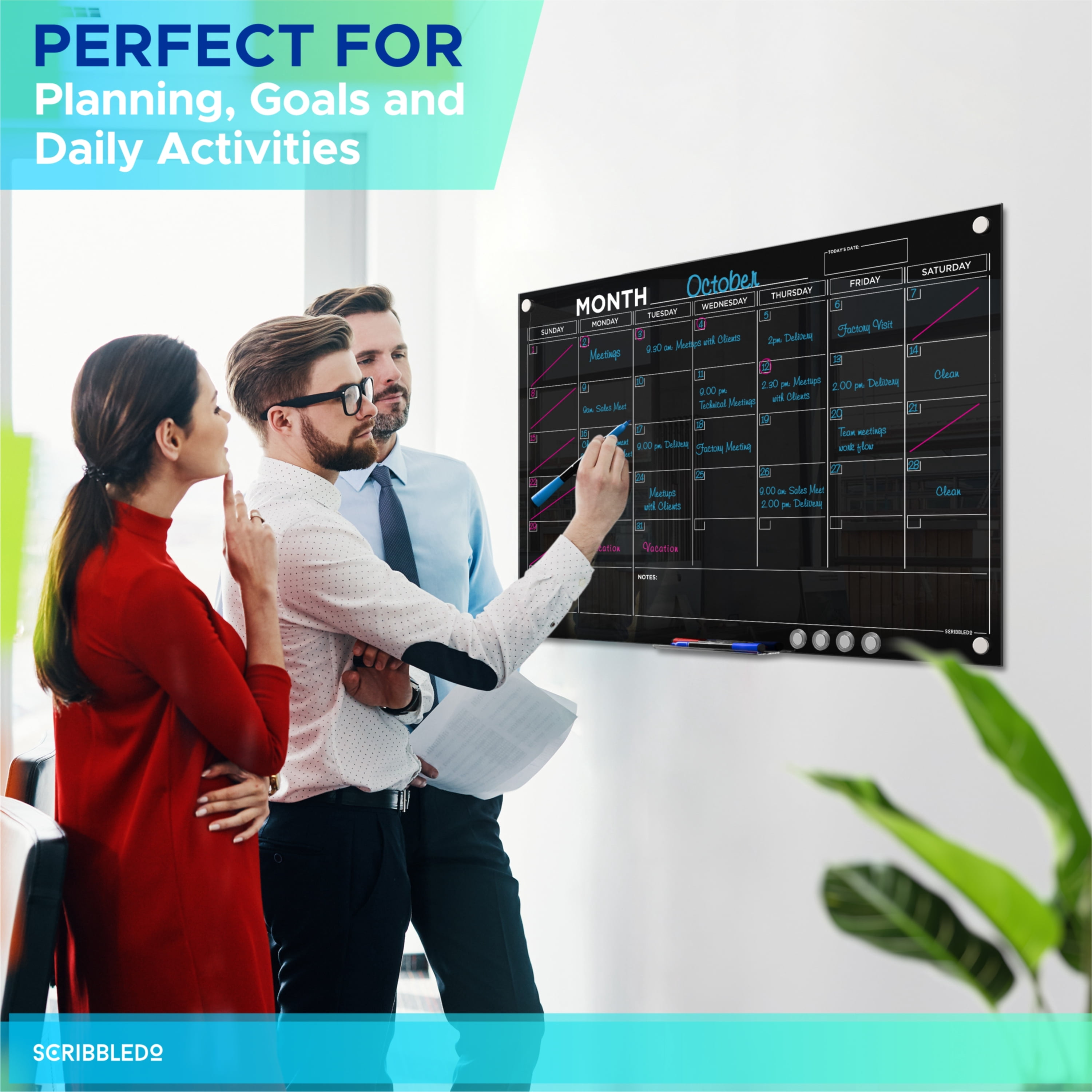 Black 24”x36” Magnetic Glass Whiteboard Calendar Planner White Board Calendar Dry Erase Board Dry Erase Calendar for Wall Monthly Glass Calendar Whiteboard Home Office Large Wall Calendar