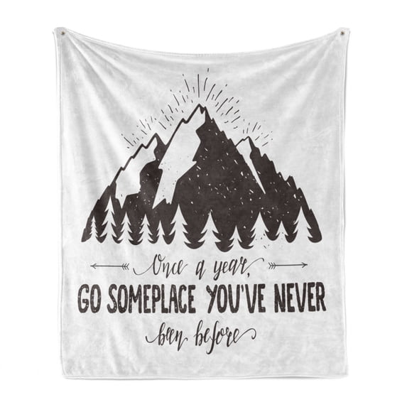 Inspirational Soft Flannel Fleece Blanket, Once a Year Go Someplace You Have Never Been Before Wanderlust Theme, Cozy Plush for Indoor and Outdoor Use, 60" x 80", Charcoal Grey White, by Ambesonne