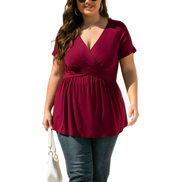 Uvplove Women's Plus Size Dressy Tops Short Sleeve Tunic Top V Neck Low ...