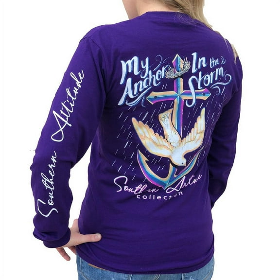 Southern Attitude My Anchor in The Storm Cross Anchor Purple Women's Long Sleeve Shirt