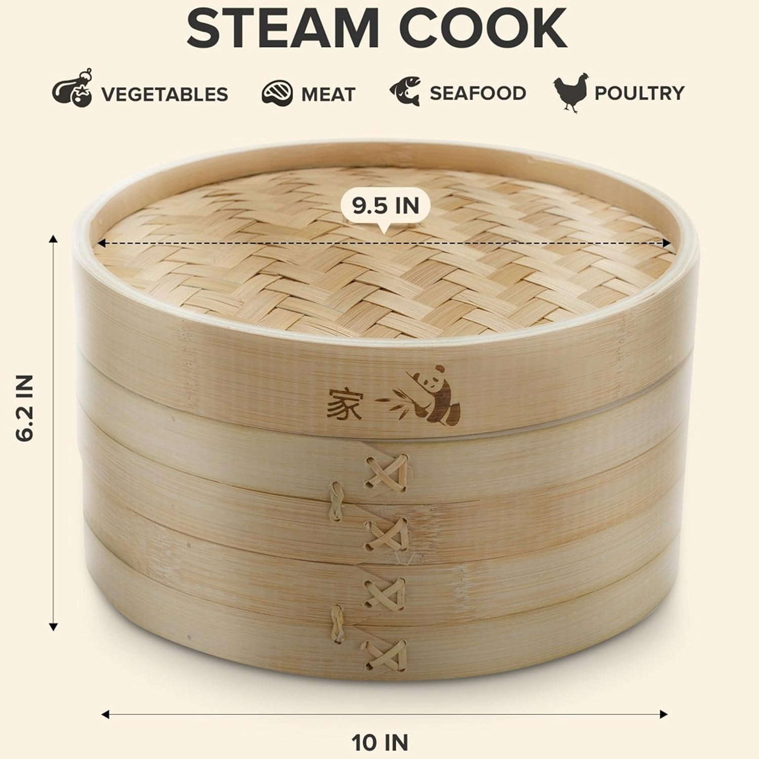 Bamboo Steamer Basket 10 Inch 25.4 Cm 2 Tier Steam Cooker for Asian Food