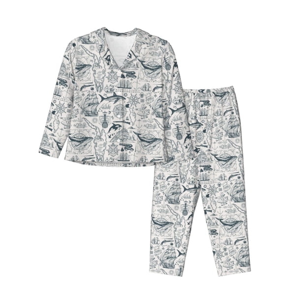 Fotbe Vintage Sailboats Conjunto de Pijama de Manga Larga para Mujer con Estampado, Ropa de Dormir de 2 Piezas, Conjunto de Casa Suave y Cómodo con Bolsillos-Small