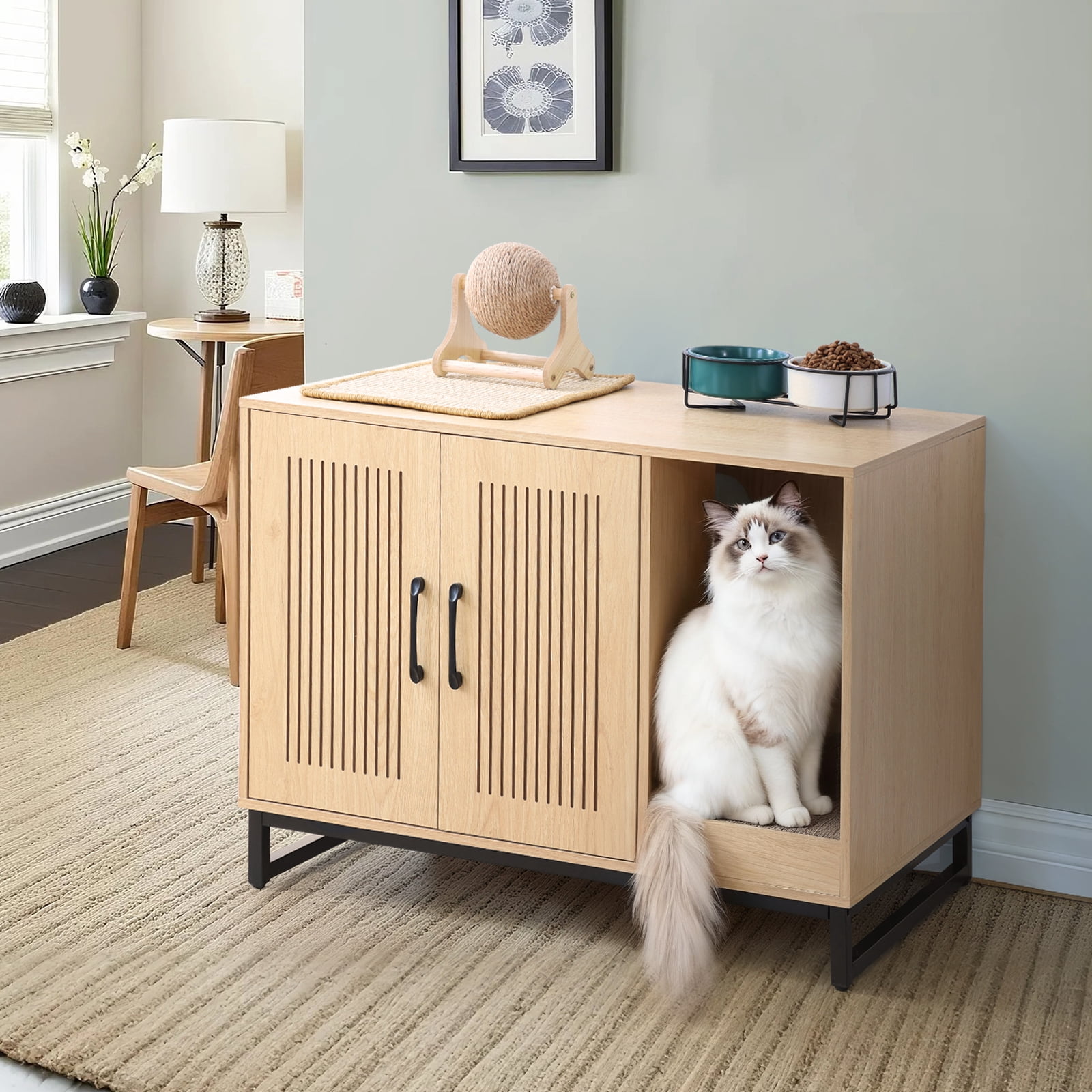 KATHY&BOB Hidden Cat Litter Box Enclosure Furniture with Cat Scratch Mat, Striped Grooved Design, Wooden Cat Washroom, Natural
