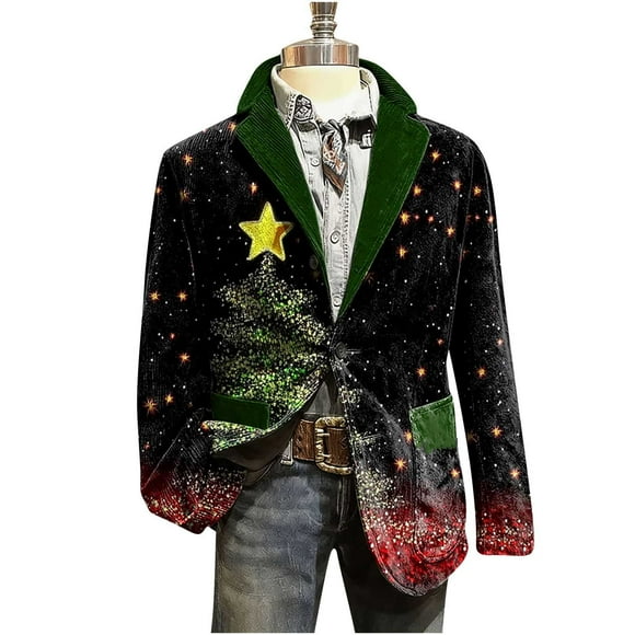 yardsong Ugly Xmas Whimsical Printed Blazer for Men - Lightweight Casual One Button Holiday Party Jacket with Pockets Dark Blue,XL