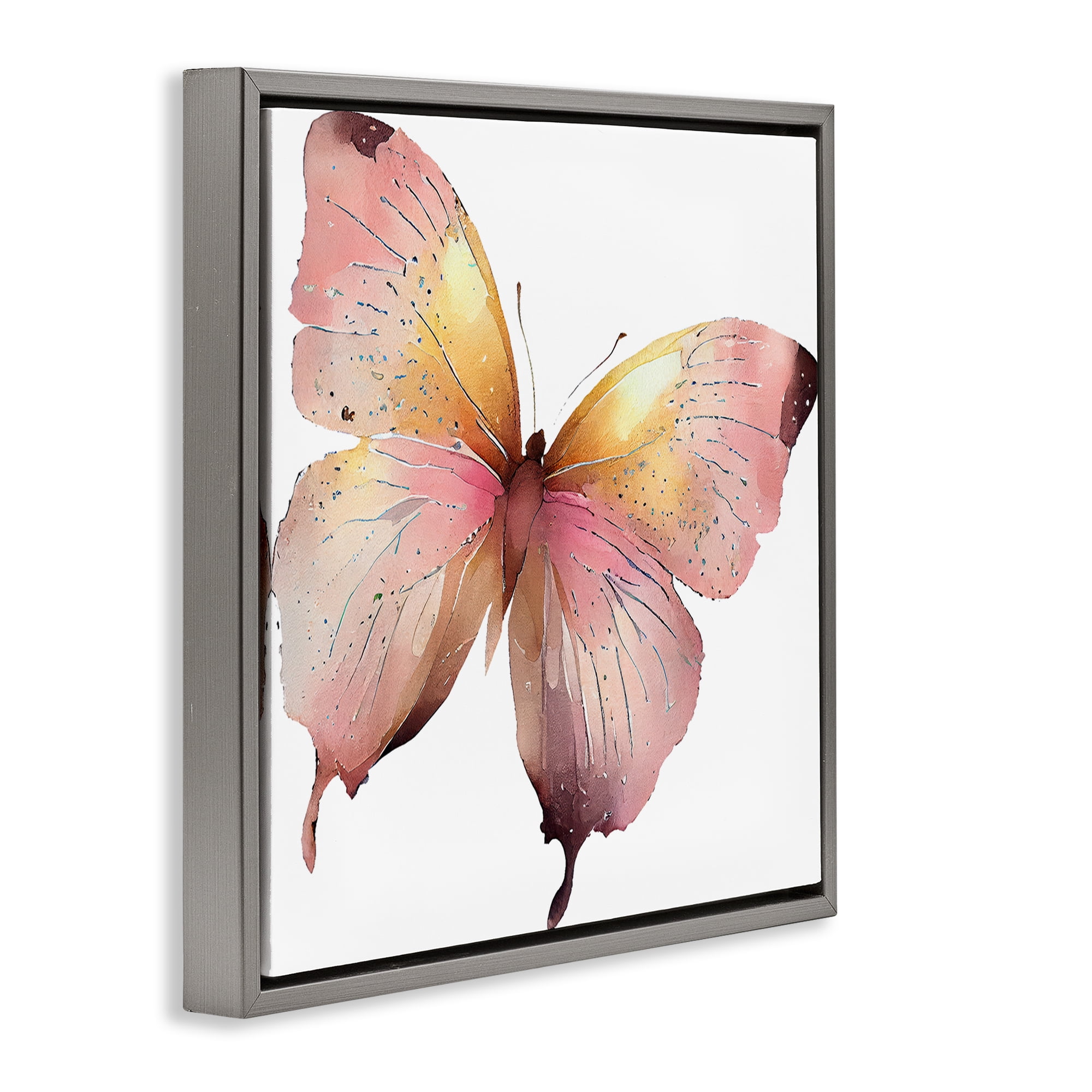 Stupell Industries Chic Pink Butterfly Animals Painting Gray Floater Framed Canvas Art Print Wall Art, 25 x 25