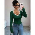 thumbnail image 5 of Women'S Sweetheart Neck Fitted T Shirts Long Bell Sleeve Ribbed Knit Tops Green M, 5 of 7