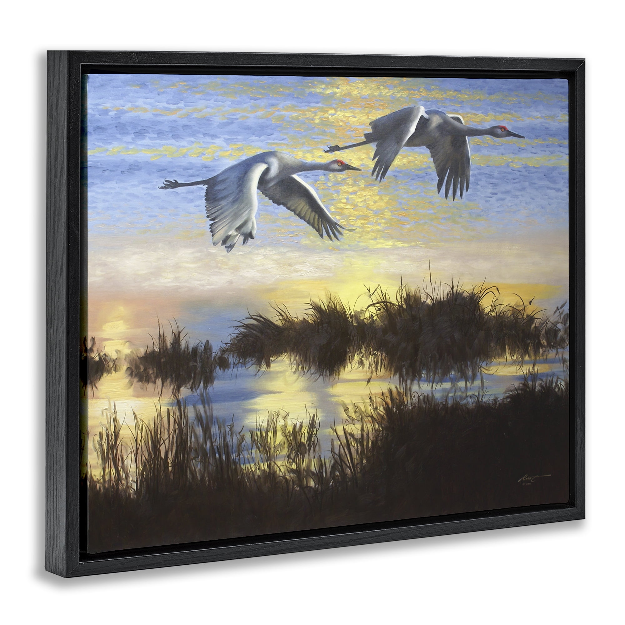 Stupell Industries Two Cranes Over Lake Landscape Painting Black Floater Framed Canvas Art Print Wall Art, 21 x 17