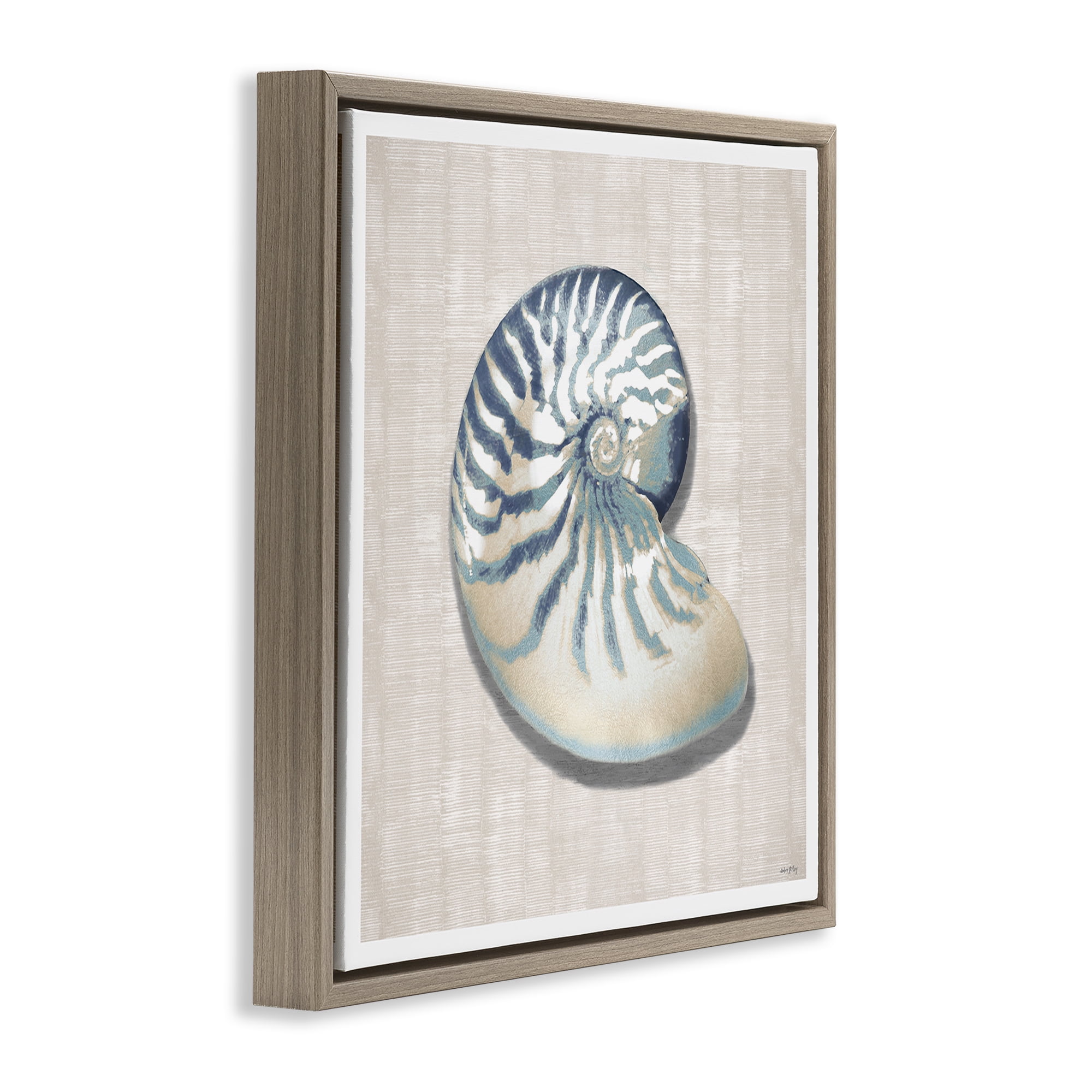 Stupell Industries Nautilus Shell in Misty Blue Brown Framed Floater Canvas Wall Art, design by Amber Sterling