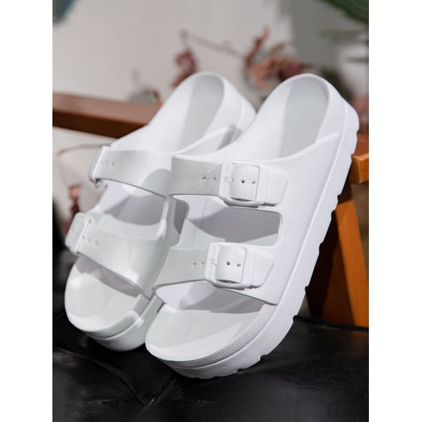Women Buckle Decor Double Band Flatform Footbed Sandals, Punk Summer White Sport Sandals