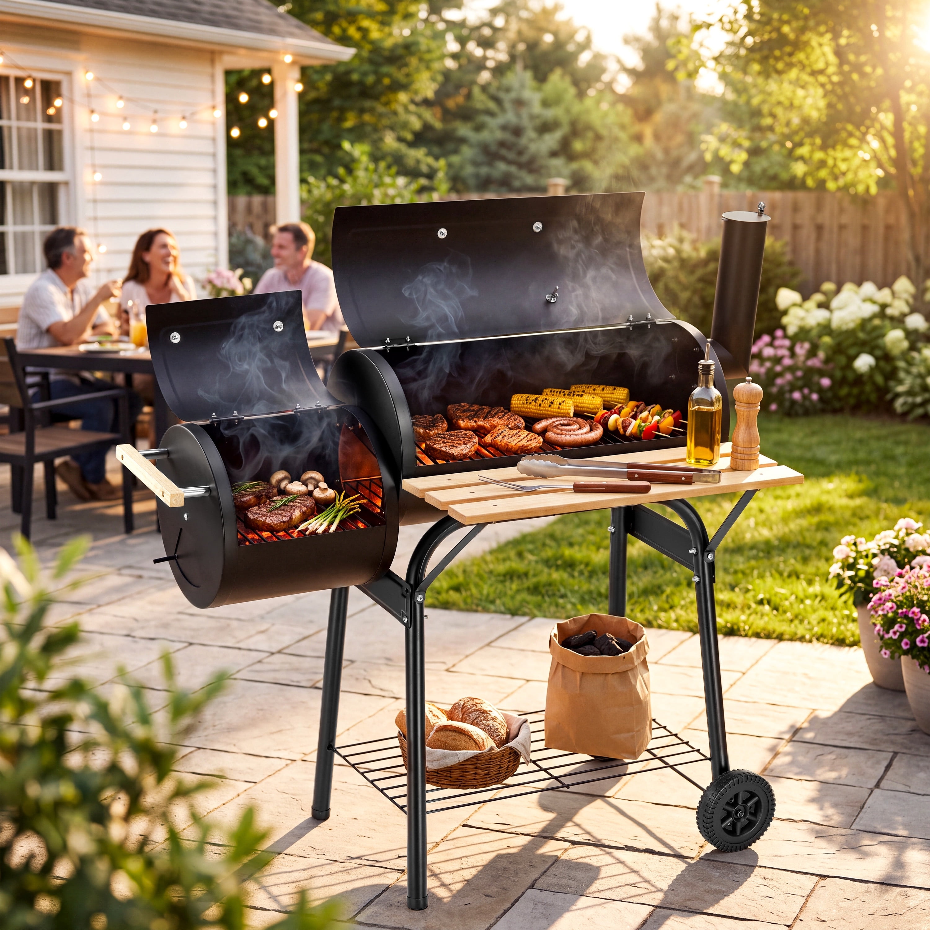 Segmart Charcoal Grill with Offset Smoker, Portable Outdoor Barrel Grill with Front Shelf, Built-In Thermometer & Wheels, 338 Sq. In. Cooking Area, Ideal for Backyard Patio BBQ