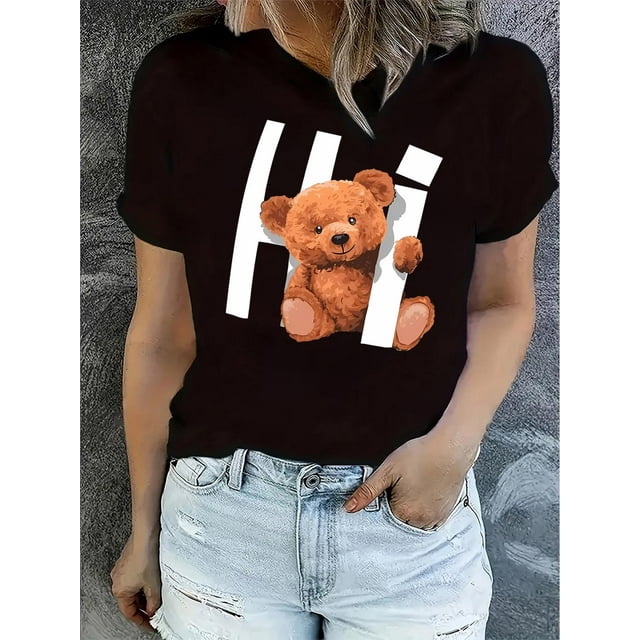 Women'S Casual Crew Neck Short Sleeve T-Shirt, Polyester Knit Fabric with Medium Stretch, Animal Pattern, Comfortable for All Seasons, with Hello Teddy Graphic Print