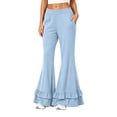 thumbnail image 2 of Flare Pants for Women Wide Leg Elastic Waist Loose Casual Pants Layered Ruffled Hem Pants with Pockets, S, 2 of 5