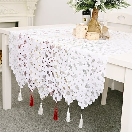 

Cheers.US Xmas Tree Star Christmas Tablecloth Dining Gilded White Table Runner Party Holiday Decor