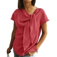 thumbnail image 2 of Women's Bow Tie V Neck Short Sleeve Blouse Casual Linen Tunic Tops Summer Outfit Loose Fit Flowy Work Office Streetwear Vacation Red S, 2 of 4