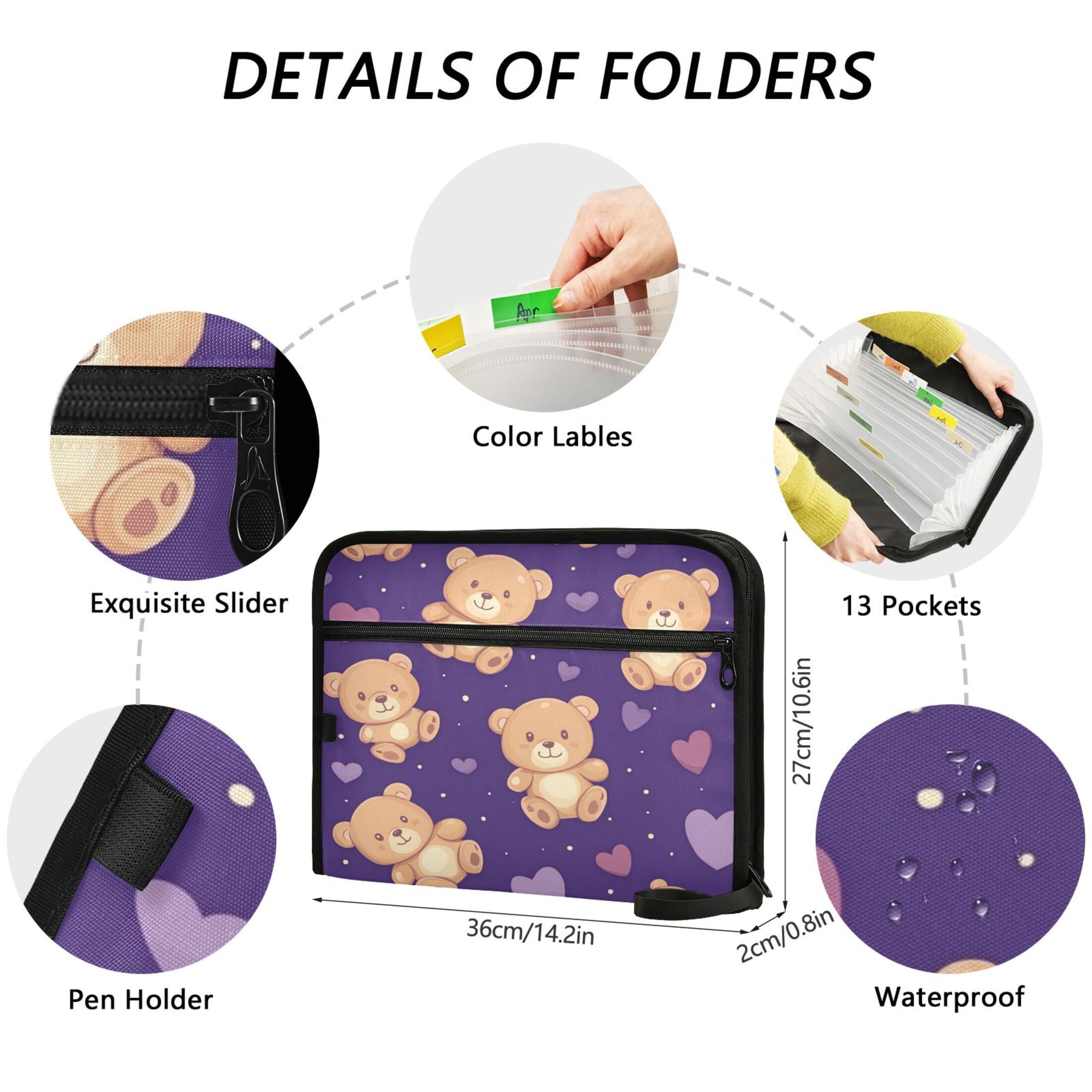 WOBOGO Cute Teddy Bear and Heart Pattern Expanding File Folder Letter Size Accordion Filing Organizer 13 Pocket Separate Organ Pocket