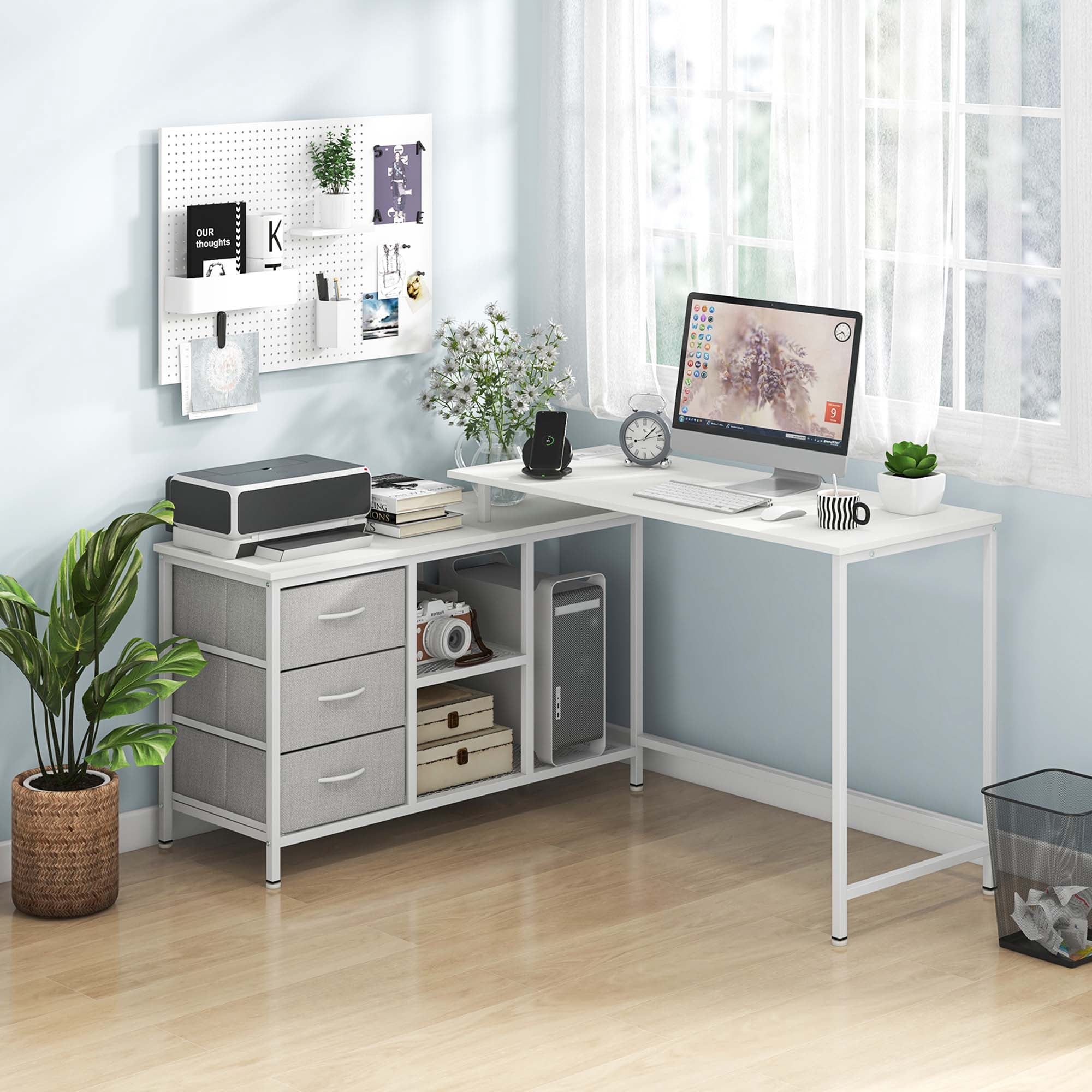 Costway L-shaped Computer Desk with Power Outlet, Fabric Drawers, Metal Mesh Shelves White
