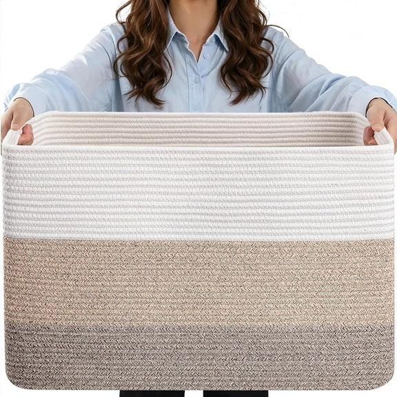 Large 75L Woven Laundry Hamper 22"x17"x12" Brown/White Rectangle Blanket Basket for Living Room, Dog Toy & Shoe Storage