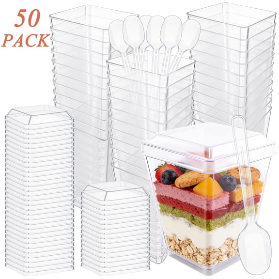 Aovky 50 Pack 5 oz Plastic Dessert Cups with Lids and Spoons, Clear Yogurt Parfait and Appetizer Cups for Parties, Mini Dessert Shooter Cups for Pudding, Fruit, Ice Cream and Trifles