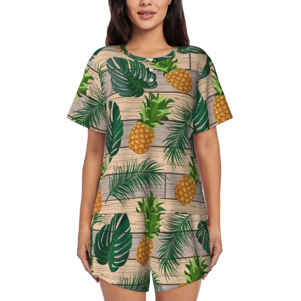 Balery Pineapples Palm Leaves Conjunto de Pijama para Mujer con Estampado, Dos Piezas de Manga Corta y Shorts, Ropa de Dormir Suave con Cuello Redondo y Bolsillos-Large