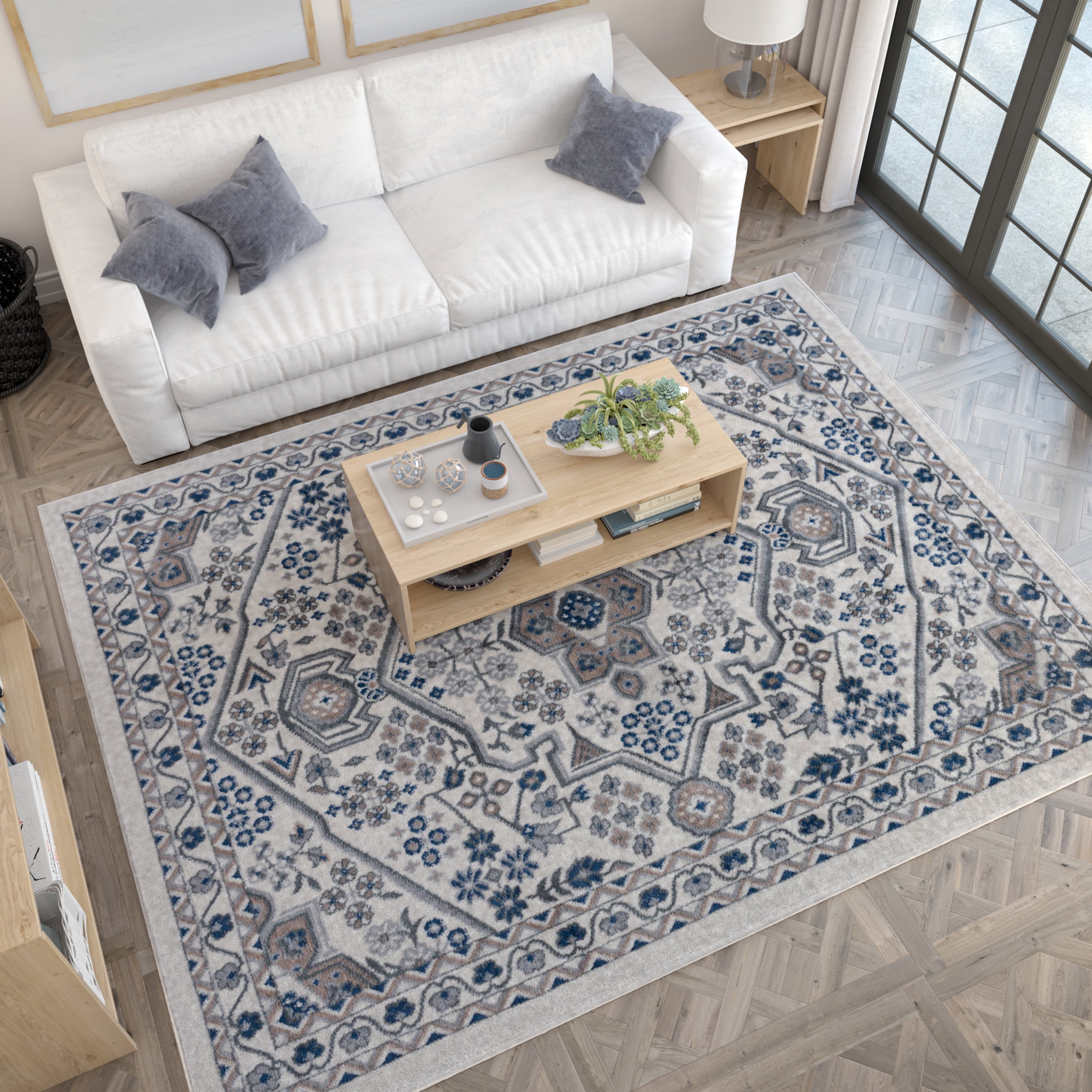 Hampton Traditional 4' x 5' Cream and Beige Polypropylene Indoor Area Rug