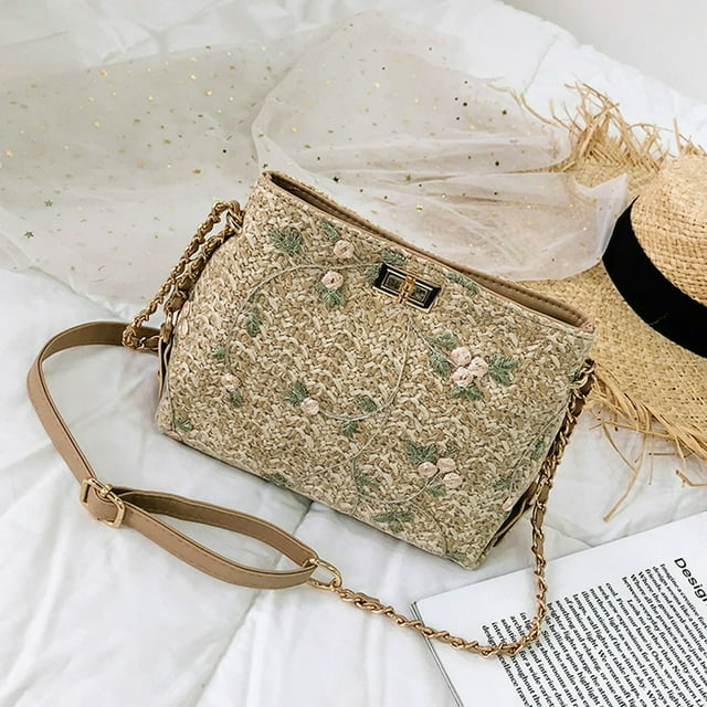 Women Beach Lace Embroid Straw Bucket Bag Burlap Square Bag Messenger Bag
