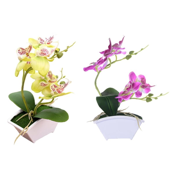 2x Artificiales Bonsai Pntas En s Falsas Decoración De Oficina Con Jarrón púrpura perfecl Bonsai floral de orquídea sintética