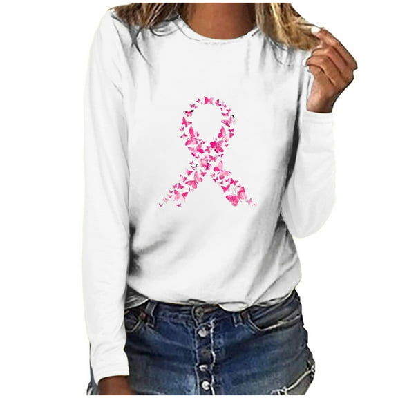 Royisotas Fall and Winter Women's Tops Long Sleeve Breast Cancer Awareness Day White Casual Shirts Crew Neck Loose Fit TShirts