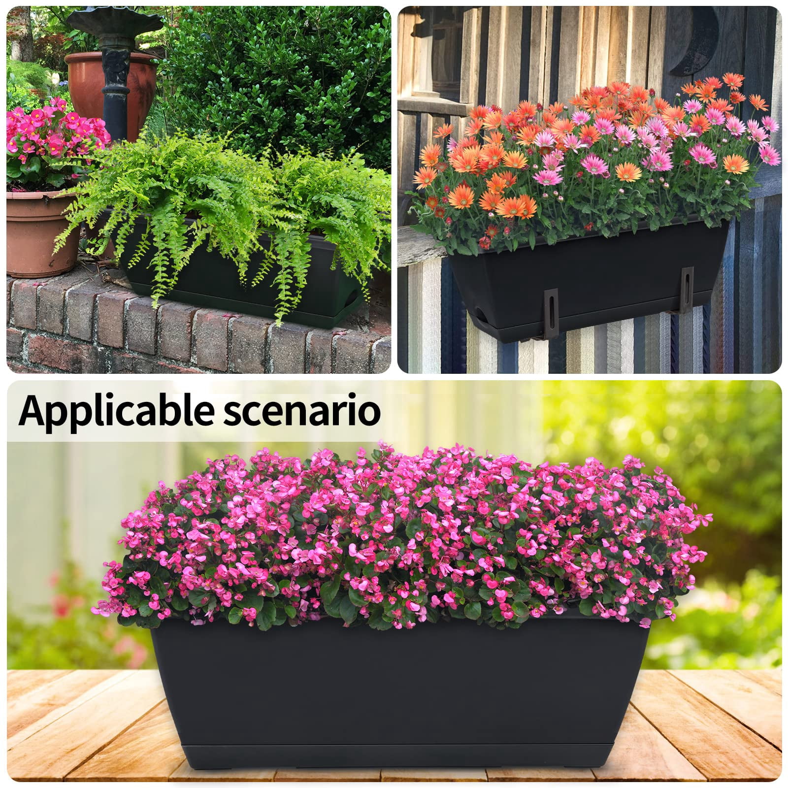 Window Box Planter Black L 16.6 x W 7 x H 5.9 inches Rectangular Plastic Pot with Saucer for Indoor Outdoor Garden