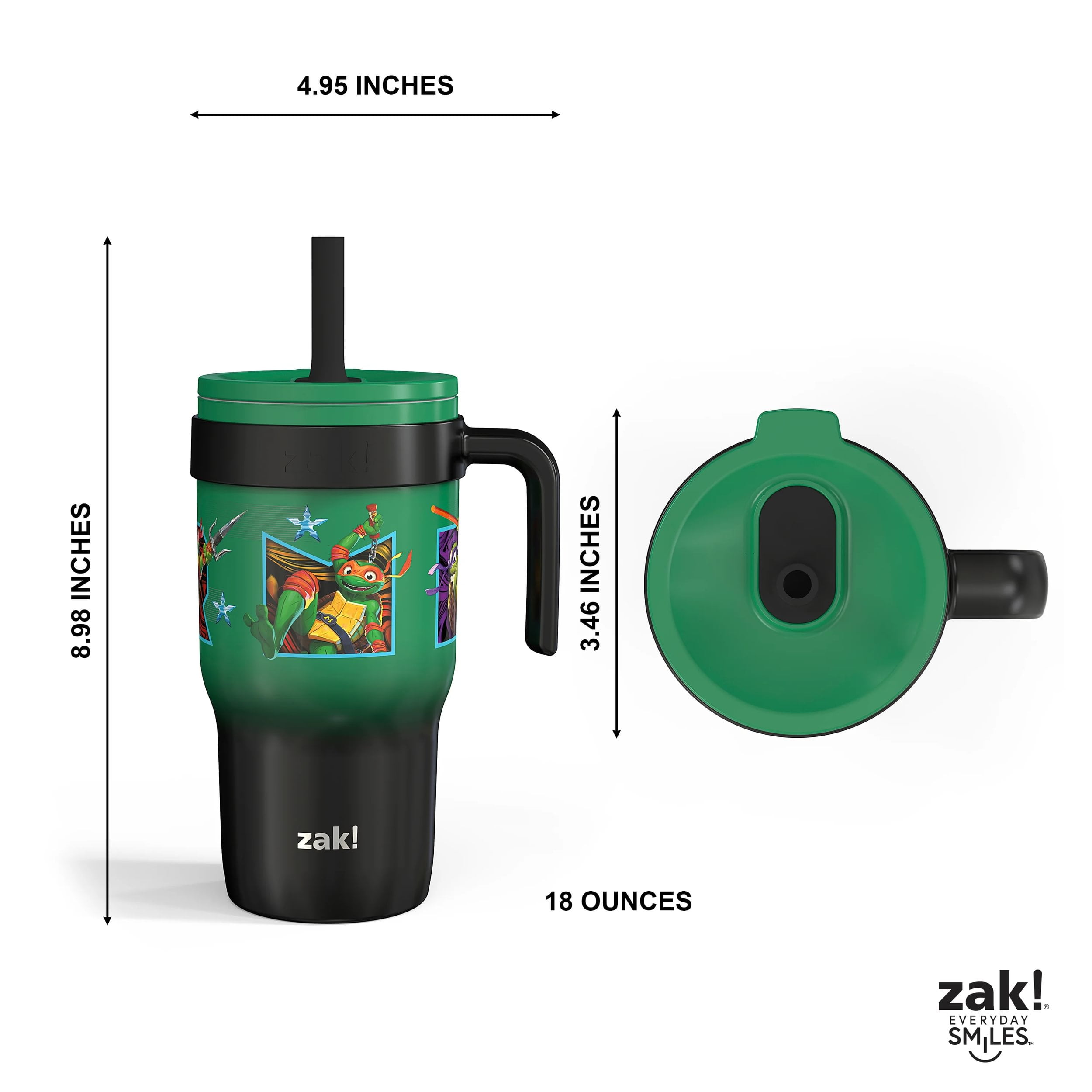 Zak Designs 18oz TMNT Kids Straw Handle Tumbler, Stainless Steel Vacuum Insulated Cruiser Tumbler with Silicone Straw Utilizing Leak-Proof Valve, Teenage Mutant Ninja Turtles