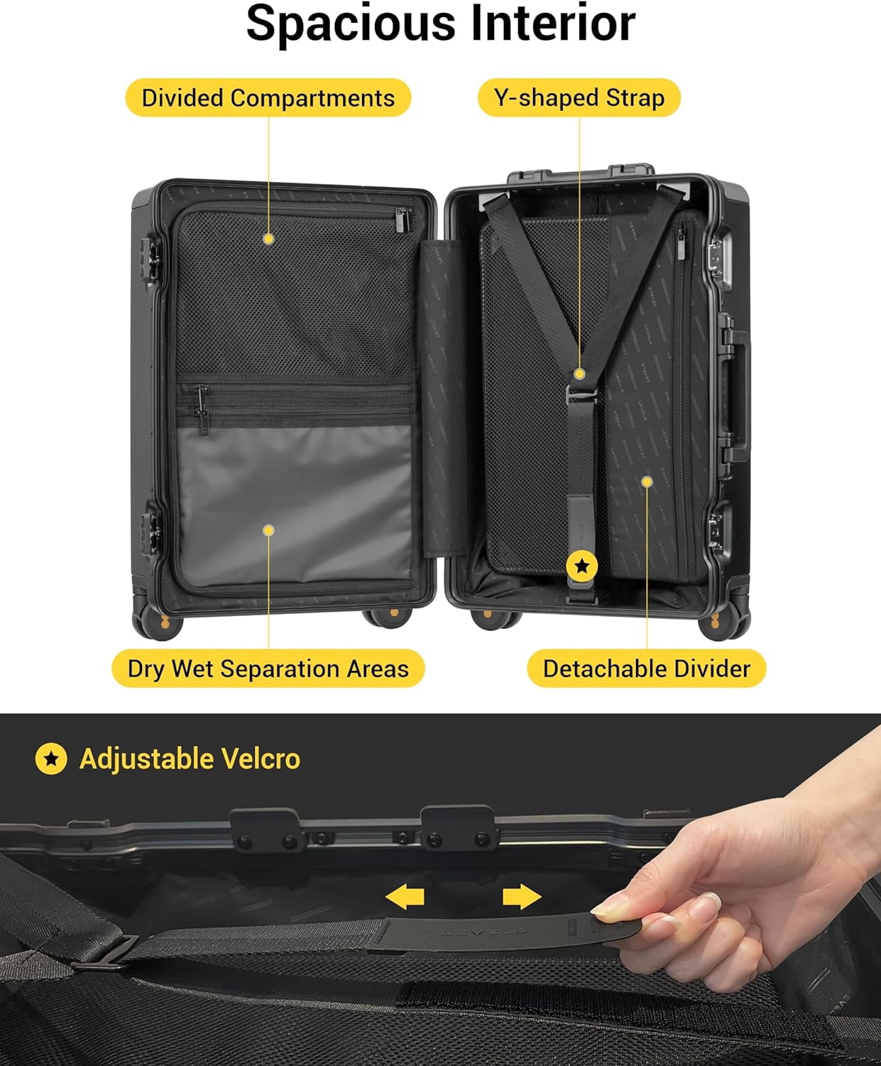 Carry On Suitcase Airline Approved with Aluminum Frame, Lightweight Hard Shell Luggage with Spinner Wheels, Metal Travel Luggage with Double Tsa Locks, 20 Inch, Black