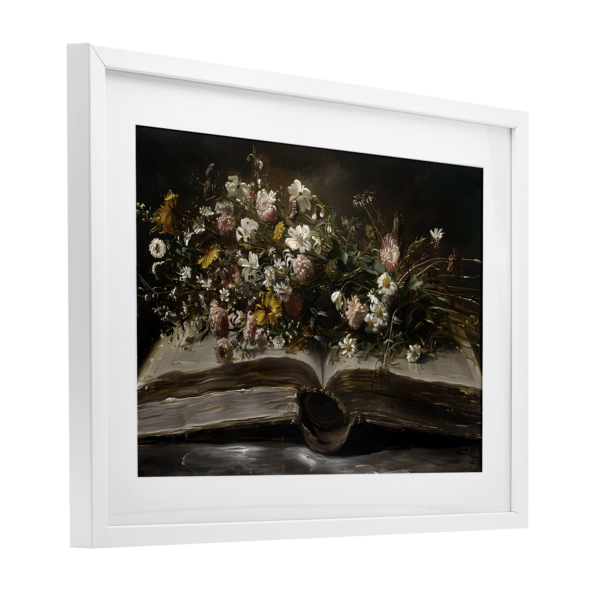 Stupell Industries Antique Floral Open Book White Framed Print Under Glass, design by Jacky Ngan