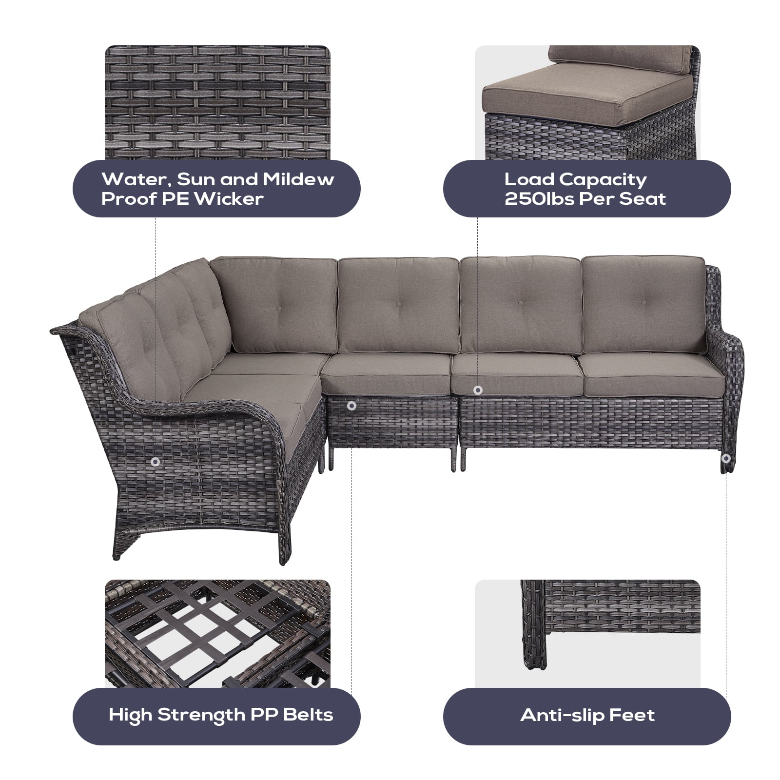 Gymojoy Outdoor Wicker Sofa Set Patio Furniture L-Shape Rattan Sectional with Coffee Table UV-Resistant for Backyard Balcony,Brown/Gray