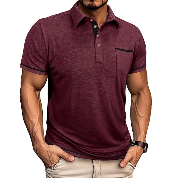 LTTVQM Men's Casual Polo Shirts Short Sleeve Button Classic Summer Spring T-Shirts Cotton Slim Fit Tees Lightweight Golf Top with Pocket Wine XL