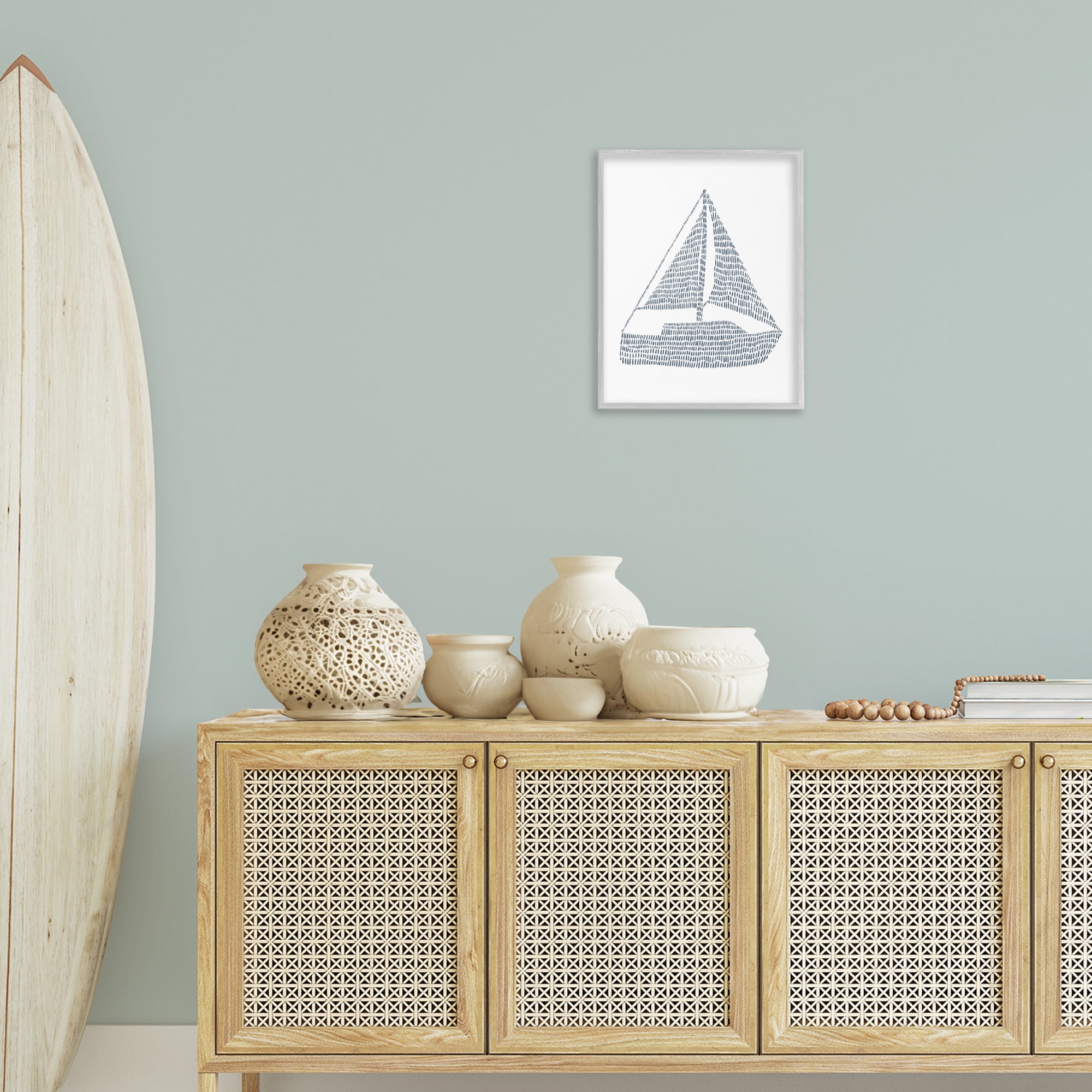 Stupell Industries Minimal Boat on White Coastal Painting Gray Framed Art Print Wall Art, 16 x 20