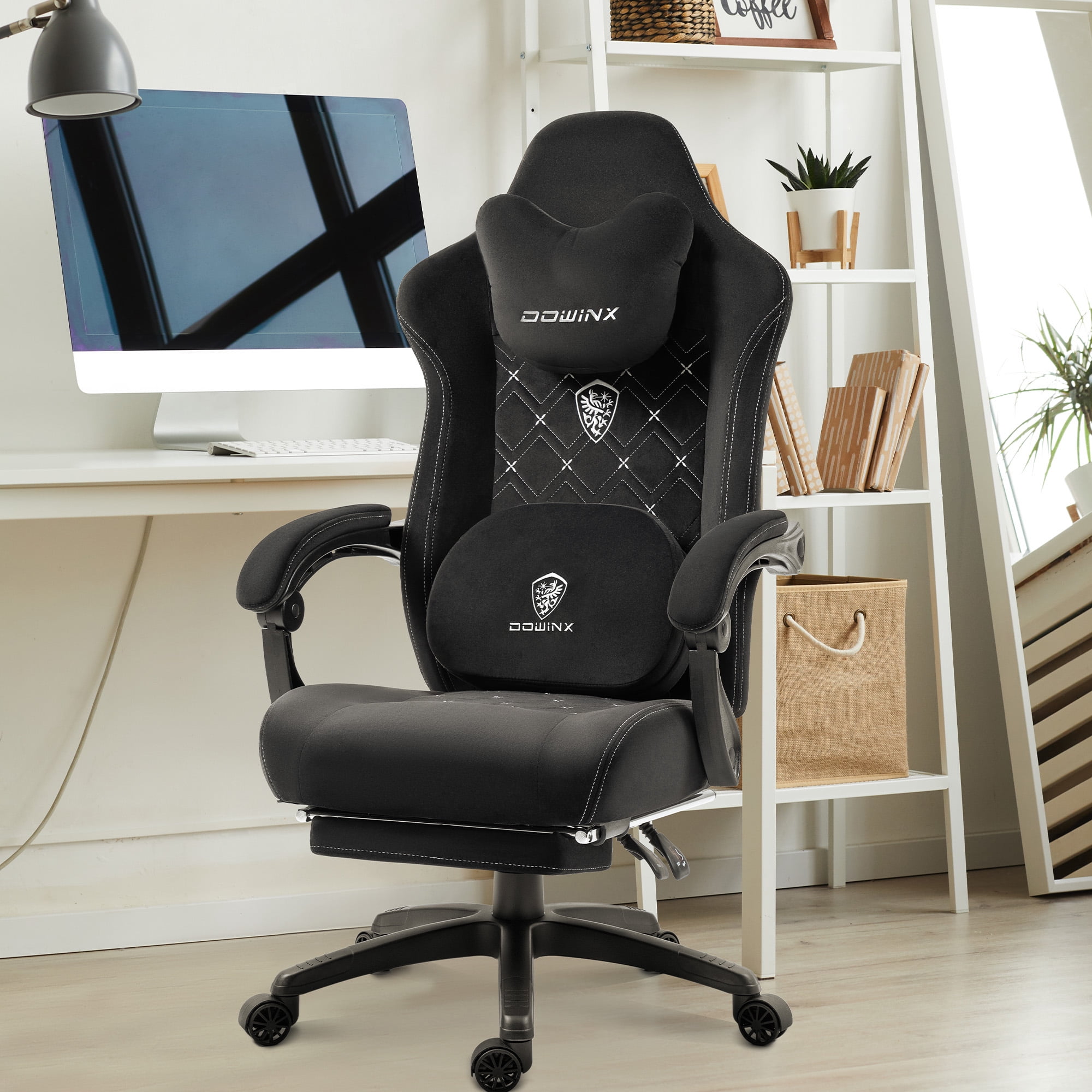 GOOSEA Fabric Gaming Chair with Heated Massage Lumbar Support, Big and Tall Game Chair for Adults, High Back PC Chair with Pocket Spring Cushion and Footrest, Black