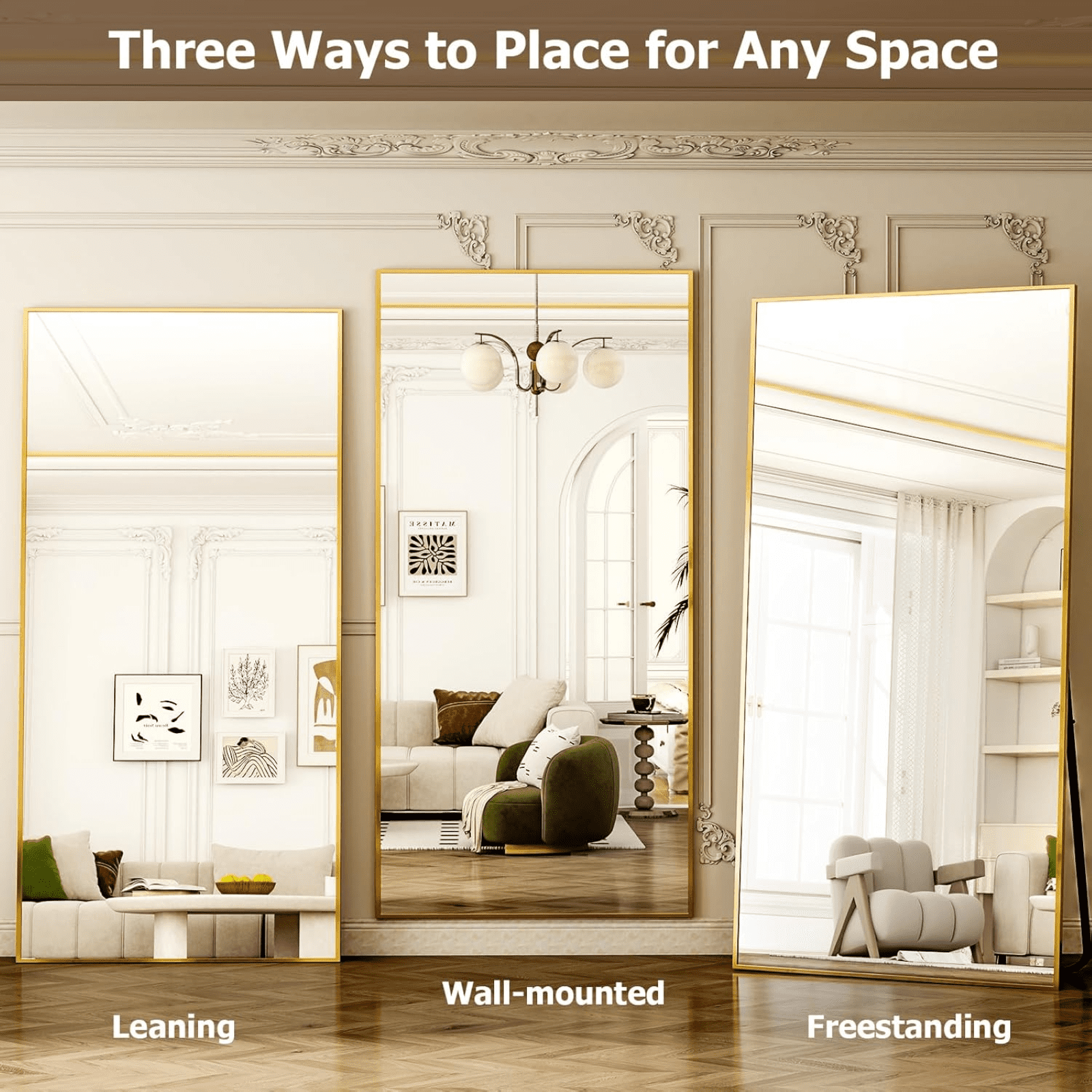 Lumora 76"x34.1" Full Length Floor Mirror Rectangular Freestanding Leaning Wall-Mounted Mirror, Gold