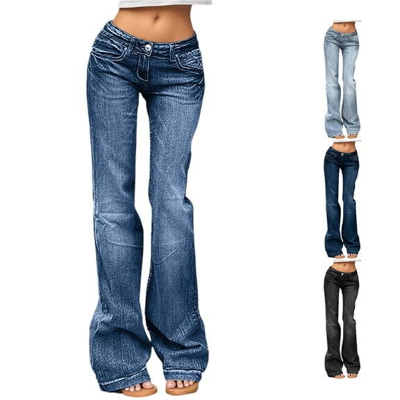 RUTAYY Women's Pants Bootcut Jeans Solid Color Low Waist Button Zipper Fly Classic Pocket Vintage Flared Denim Trousers Blue