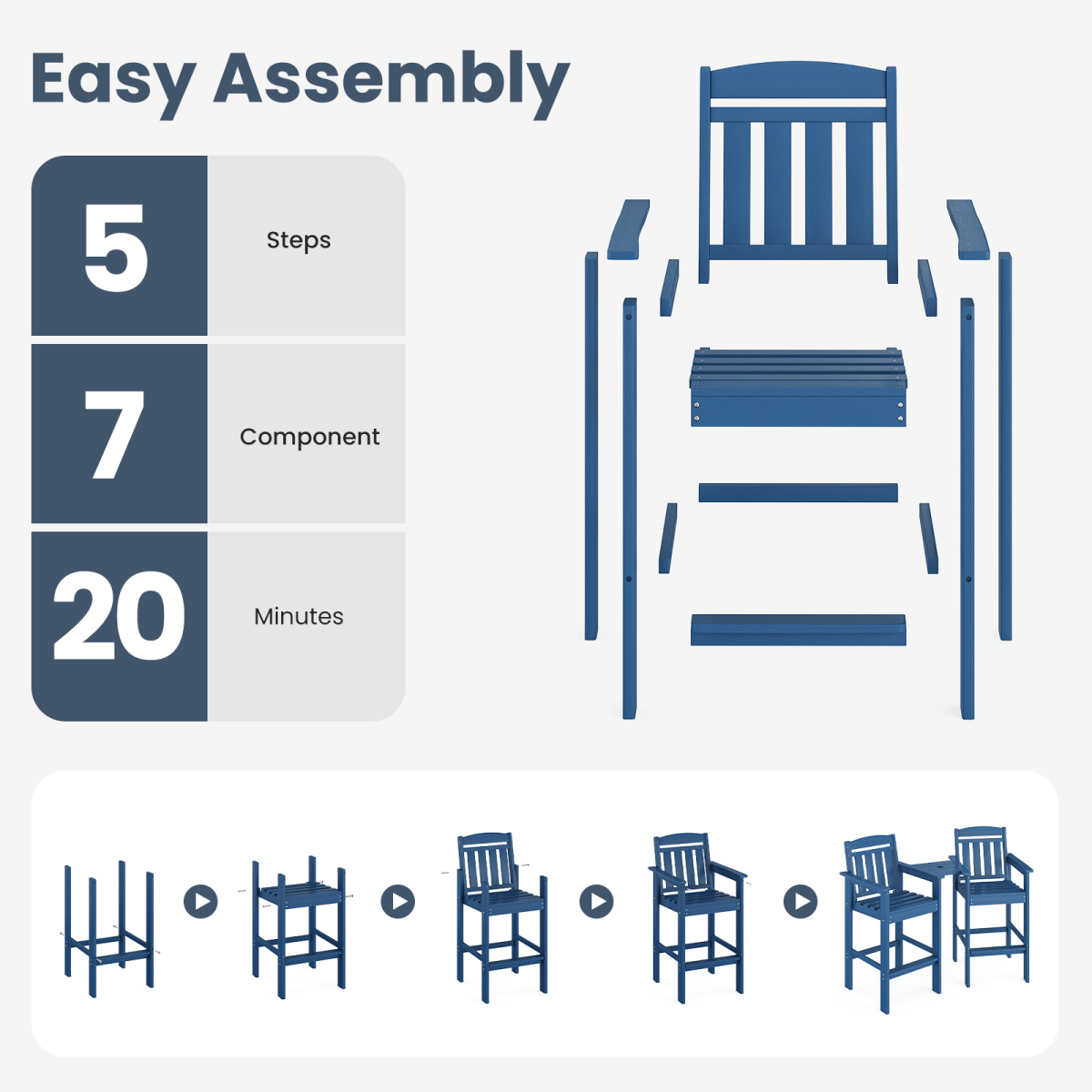 2-Pack Bar Height Adirondack Chairs - HDPE All Weather Patio Bar Stools with Connecting Tray, Ideal for Balcony, Poolside & Backyard