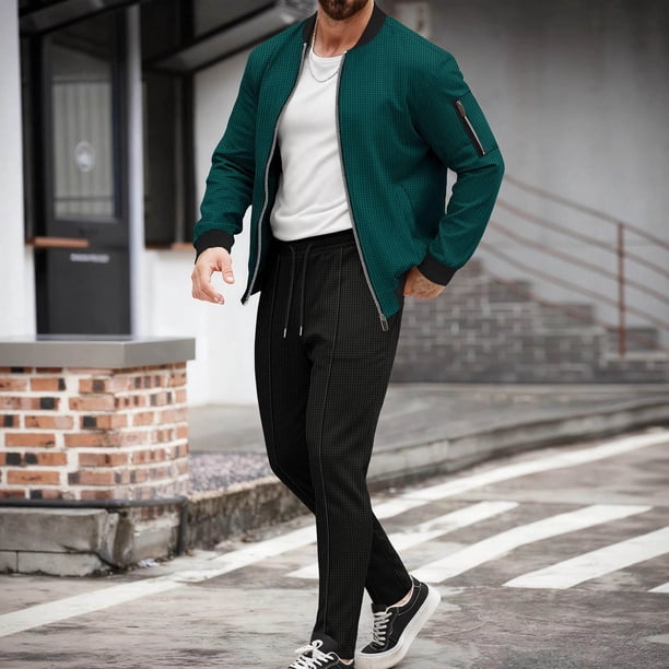 Ceisia Men's Regular Fit Waffle Knit Baseball Collar Jacket & Jogger Pants Set | Casual Outdoor Two-Piece Outfit Gifts