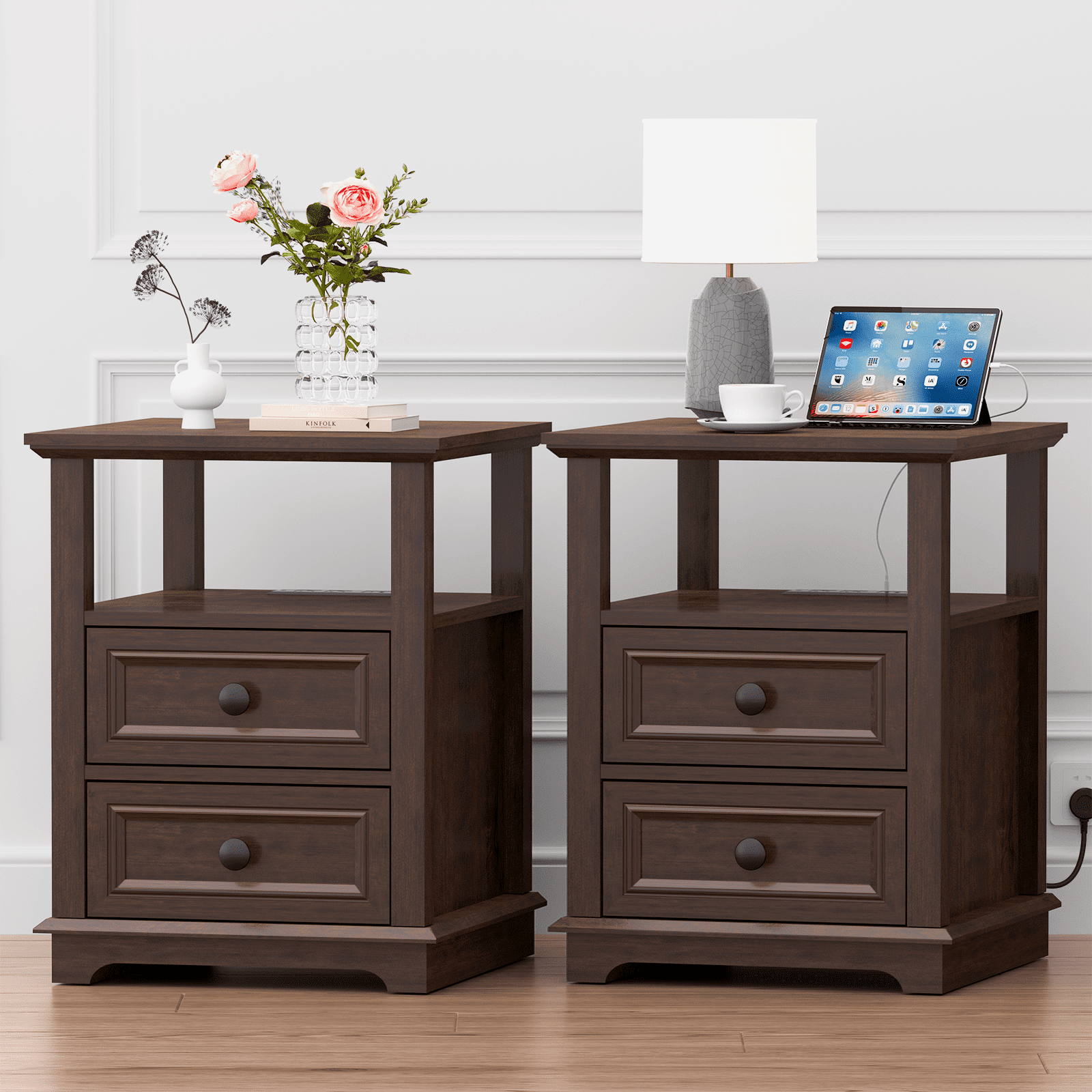 REDAYFUR 24" Tall Nightstand with Charging Station, Double 18W Fast Charge End Table, Large 18” Bedside Table with Drawers,Rustic Wood Storage Cabinet with Open Shelf for Bedroom,Cherry