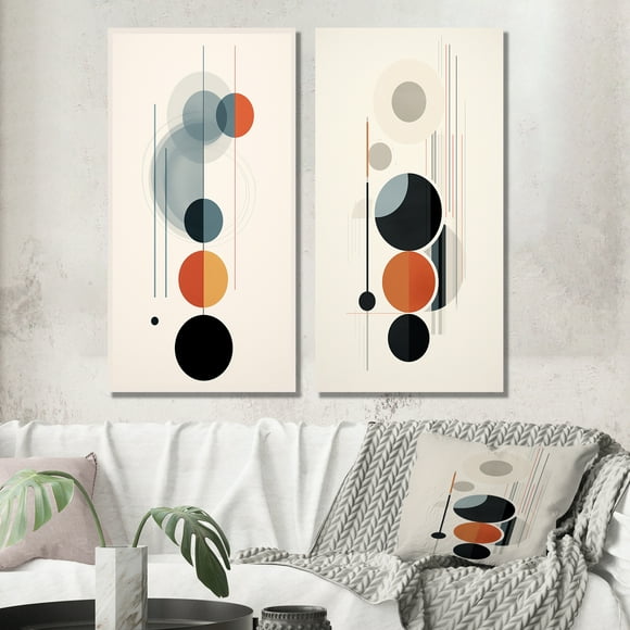 Designart "Waning Moon Retro Circles VI" Modern Geometric Wall Art Set Of 2 - Modern Red Canvas Set For Living Room Decor