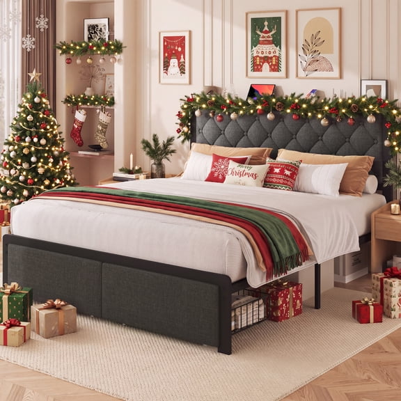 Lifezone Bed Frame with Linen Upholstered Headboard, Lockable Storage, Queen Size, Gray