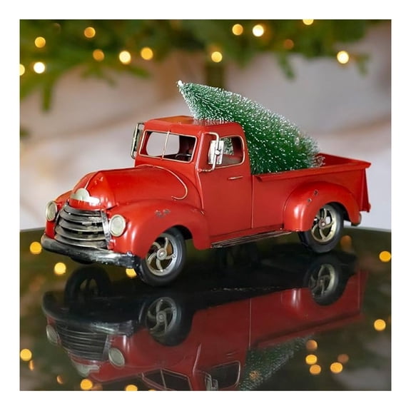 15" Distressed Red Pickup Truck with Christmas Tree