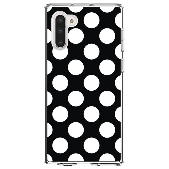 DistinctInk Clear Shockproof Hybrid Case for Samsung Galaxy Note 10 (6.3" Screen) - TPU Bumper, Acrylic Back, Tempered Glass Screen Protector - White & Black Polka Dots