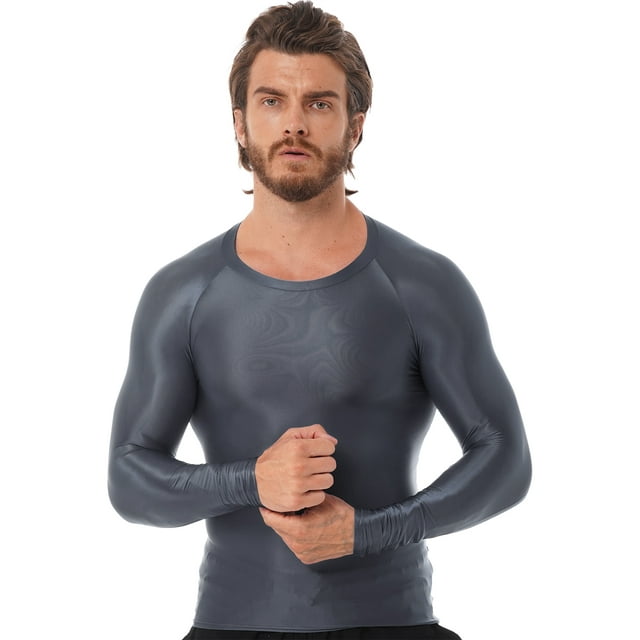 Jhaoyu Men's Glossy Long Sleeve Compression Shirts Athletic Workout Sports Rash Guard Undershirt Grey L