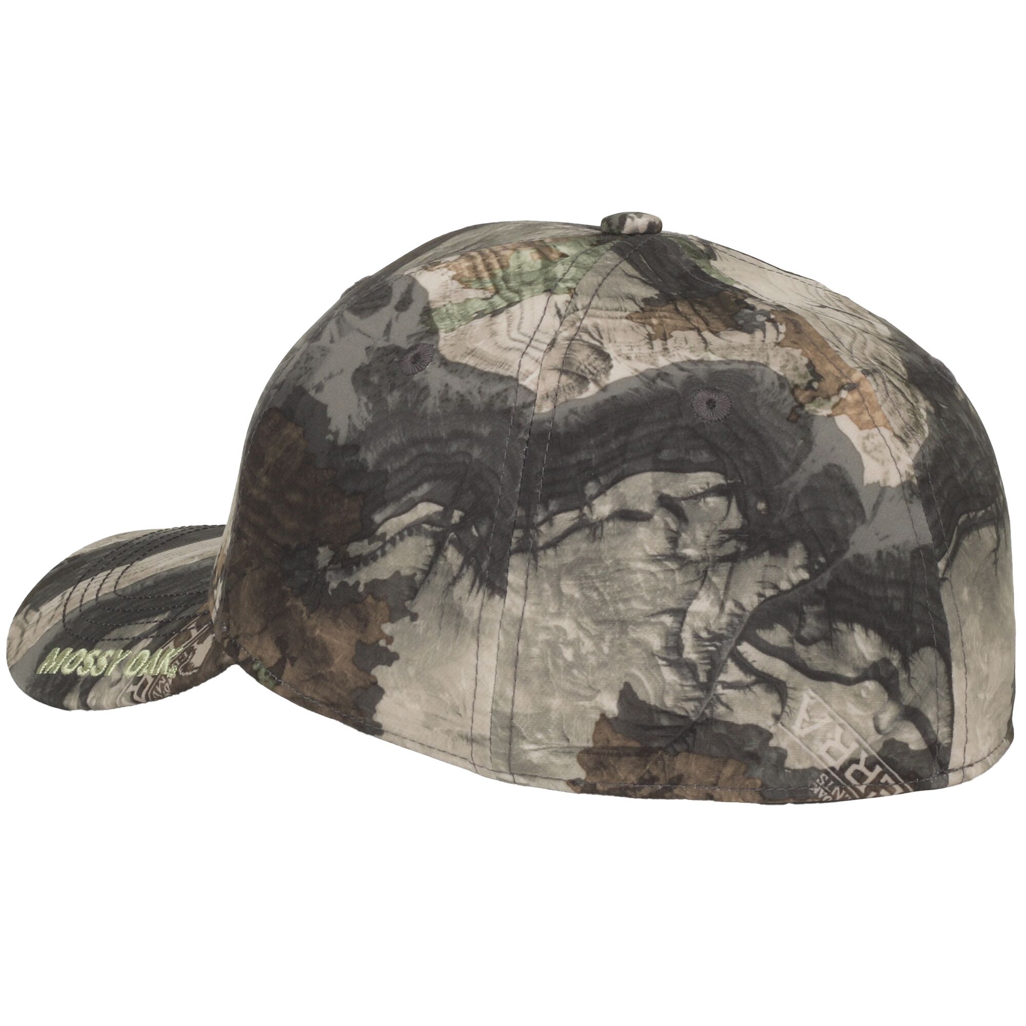 Men's Mossy Oak® Camo 6 panel Structured Hunting Hat, Pre-Curved Visor, ProFlex Fitted Closure, Size L/XL.