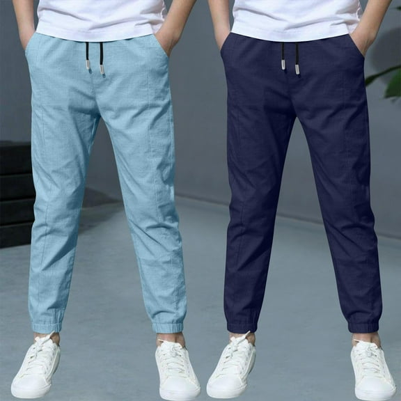 HOMADLES 2Pc Boys Joggers Pants for Teens Boys Linen Athletic Hiking Breathable Stretch Casual Sweatpants Pants Blue 11 T