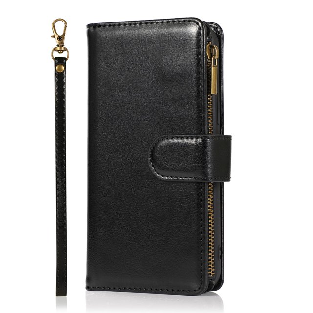 Leather Wallet Flip Cover for iPhone 14 Pro Max, Multiple Card Slots, Coin Pocket, Zippered Pouch Bag, Removable Wristlet, RFID Blocking Flip Cover