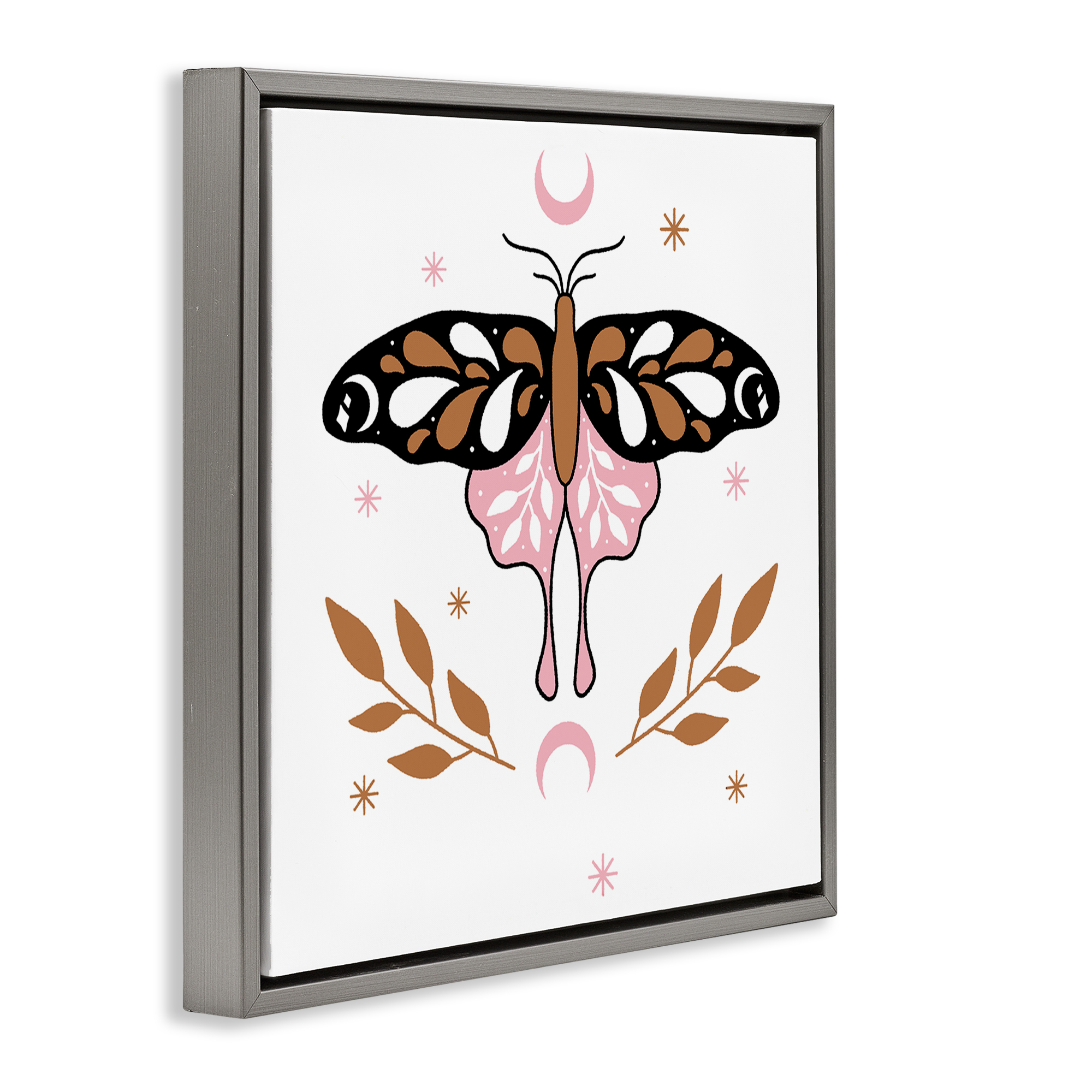 Stupell Industries Moth & Crescent Moons Animals Painting Gray Floater Framed Canvas Art Print Wall Art, 25 x 25